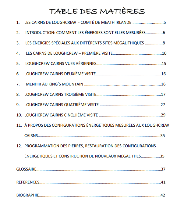 Table des matières livre Revelation des connaissances du megalithique aux Loughcrew Cairns en Irlande - mesurer avec antenne Lecher