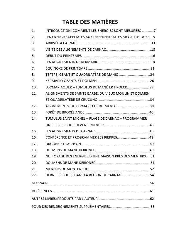 Table des matières livre Les secrets des energies aux megalithes de Carnac et en Bretagne - Mesurer avec l'antenne de Lecher - Suite