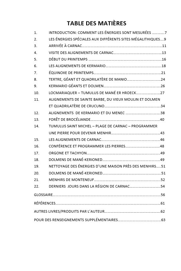 Table des matières livre Les secrets des energies aux megalithes de Carnac et en Bretagne - Mesurer avec l'antenne de Lecher - Suite